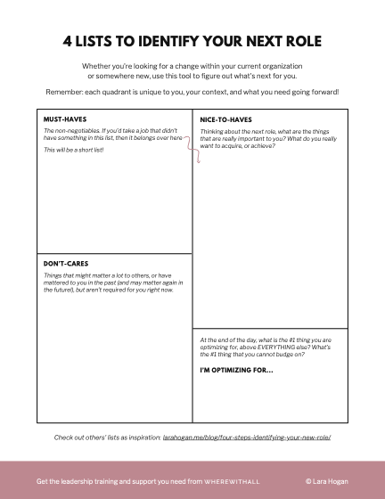 4 Lists to Identify Your Next Role worksheet